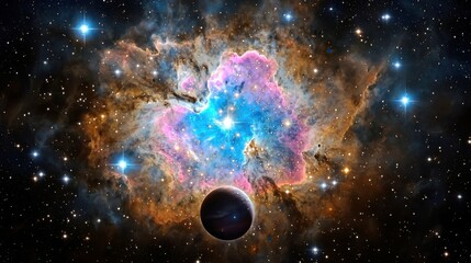 Poster - Stunning Cosmic Nebula with Vibrant Colors and Planets in Outer Space, Unveiling the Beauty of the Universe and Celestial Phenomena in a Star-studded Background