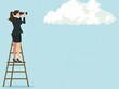 © Alexandr - Businesswoman standing atop a ladder above clouds, embodying a modern vision of new opportunities and career advancement, symbolism of vision, success, and promotion
