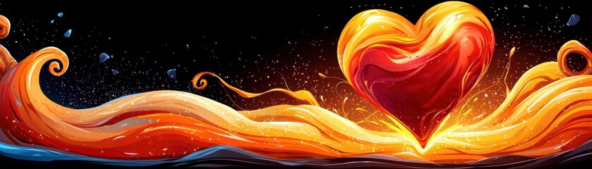 Poster - Vibrant Heart Design with Flowing Waves and Energetic Sparks, Perfect for Romantic or Inspirational Themes in Art and Graphics.
