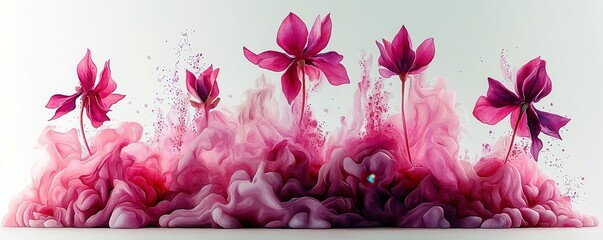 Poster - Vibrant Pink Flowers Emerging from Colorful Soft Swirls with Ethereal Organic Shapes in a Dreamy Artistic Composition