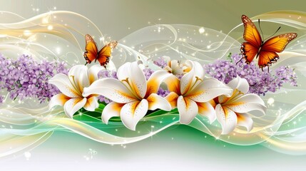 Poster - Beautiful floral background with orange butterflies and white lilies on a soft green backdrop creating a serene and tranquil garden atmosphere