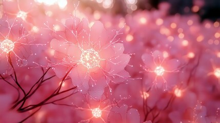 Poster - Delicate Pink Flowers with Glowing Lights in a Dreamy Garden Setting Captivating Nature Inspiration for Backgrounds and Artistic Designs