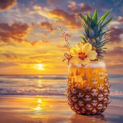 Aufkleber - Refreshing cocktail served in a pineapple on the beach during a vibrant sunset overlooking the ocean. Generative AI