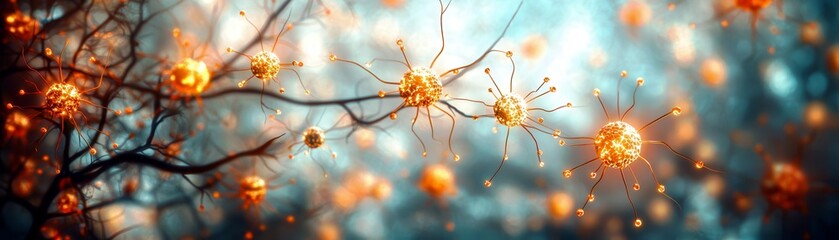 Poster - Beautiful Abstract Visualization of Microorganisms with Glowing Particles and Delicate Branches against a Soft Focus Background