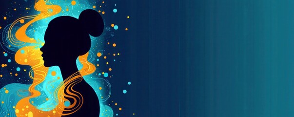 Poster - Artistic Silhouette of a Woman with Abstract Colorful Swirls and Patterns in Blue and Orange Background for Creative Design Purposes