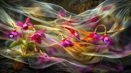 Poster - Delicate Pink Flowers Entwined in Colorful Sheer Fabric with Soft Lighting and Natural Textures for Artistic Still Life Photography