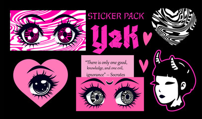 Poster - Set of Y2K cartoon stickers with funny comic anime characters and hearts. Contemporary illustrations and doodles.