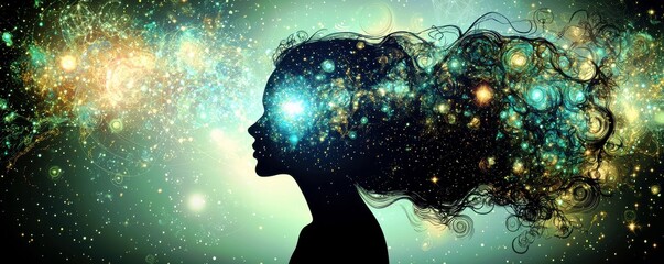 Poster - Silhouette of a Woman with Cosmic Galaxy Hair Representing Dreams, Imagination, and Infinite Possibilities in an Abstract Starry Background