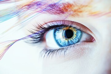 Poster - Close up view of a human eye showcasing vibrant colors and intricate details in a bright setting. Generative AI