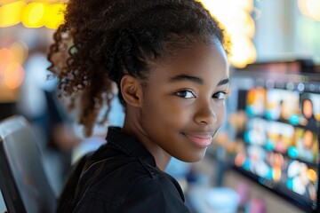 Leinwandbilder - A young African American woman enhancing photos on a computer in a modern office environment.