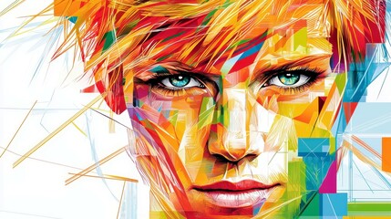 Poster - Abstract portrait of a young person with vibrant colors featuring geometric patterns and expressive facial features, showcasing modern digital art style