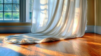 Poster - Soft Natural Light Filtering Through Sheer White Curtain Drapes in Cozy Interior Setting with Hardwood Floor and Warm Ambiance