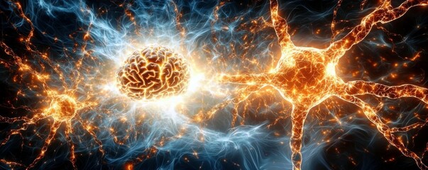 Poster - Abstract depiction of brain neurons and synapses illuminated by vibrant energy and light, representing neural connections and cognitive processes.