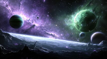 Poster - Stunning view of a cosmic landscape featuring bright nebulae, distant planets, and an expanse of deep space, capturing the beauty of the universe in vibrant colors.