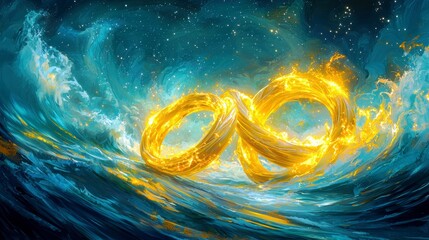 Poster - Golden Infinity Rings Entwined Amidst Waves of Cosmic Energy with Stars in a Vibrant Night Sky, Symbolizing Eternal Love and Connection