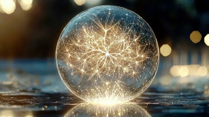 Poster - Glowing Abstract Sphere with Intricate Sparkling Patterns Illuminating a Dark Background in a Mystical and Dreamy Atmosphere