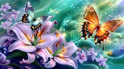 Poster - Colorful Butterflies and Elegant Lilies in a Vibrant Dreamlike Background with a Magical Glow and Sparkling Effects