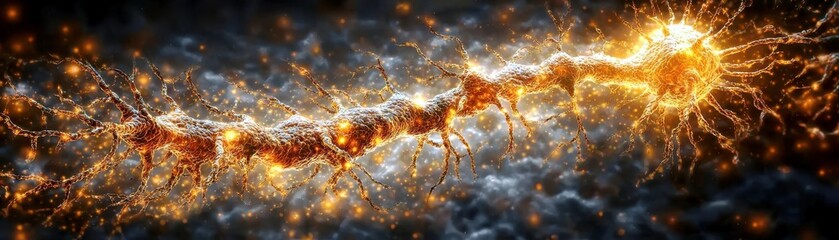 Poster - Glowing Neuron Structure with Electric Sparks and Fine Details Captured in a Vibrant Cosmic Environment