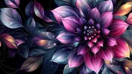 Poster - Vibrant Abstract Floral Design with Deep Purple and Pink Petals on a Dark Background Capturing the Essence of Nature's Beauty and Artistic Expression