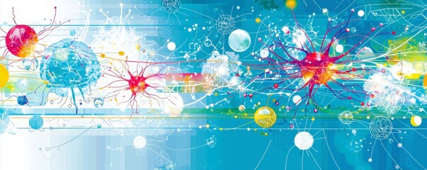 Poster - Colorful Abstract Image of Spheres and Lines with Organic Forms Representing Molecular Structures and Scientific Concepts in Blue Background