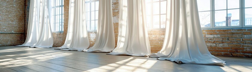 Poster - Natural Light Streaming Through White Curtains in a Bright Room with Exposed Brick Walls and Warm Wooden Floor