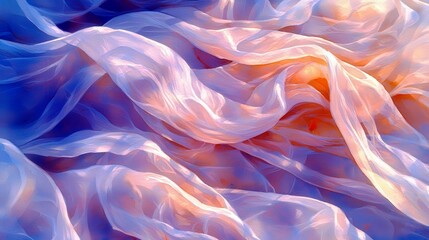 Poster - Ethereal Flow of Soft Fabric in Delicate Hues of Light Blue and Warm Peach Creating a Dreamy Abstract Background Ideal for Artistic and Creative Projects