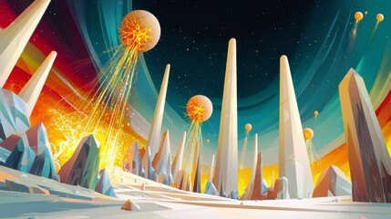 Poster - Futuristic Landscape with Towering Pillars and Celestial Bodies Erupting in Fiery Splendor Against a Vivid Cosmic Background
