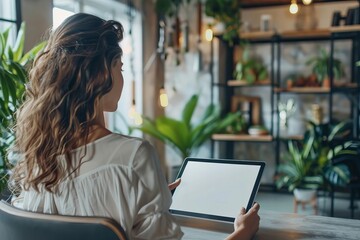 Poster - Woman Shows Empty Screen on Digital Tablet Resting on Desk