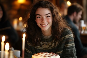 Wall Mural - Young girl celebrates special occasion with cake and candles in a cozy café setting