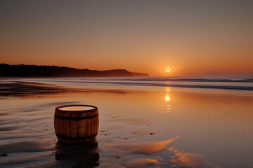 Wall Mural - Sunset over a serene beach with a wooden barrel on the shoreline at twilight