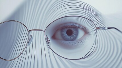 Poster - Close up view of a blue human eye with glasses surrounded by spiral patterns. Generative AI