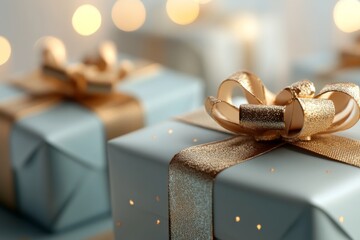 Wall Mural - Elegant blue and gold gift boxes wrapped with ribbons create a festive atmosphere for celebrations and holidays