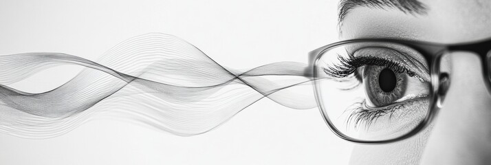 Poster - Close view of a human eye with glasses showcasing intricate details and expressions in a soft black and white setting. Generative AI