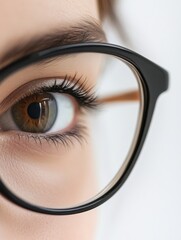 Poster - Close up view of a human eye with glasses showcasing intricate details and natural beauty in soft light. Generative AI