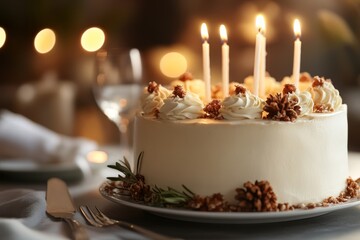 Wall Mural - Elegant birthday cake with candles and decorative pinecones displayed on a festive table setting