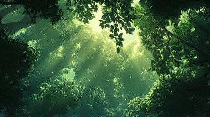 Wall Mural - Sunbeams Filtering Through Lush Forest Canopy: A Tranquil Nature Scene