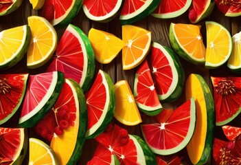 Wall Mural - vibrant fruit slices artfully arranged rustic wooden background showcasing variety colorful presentation, arrangement, fresh, healthy, display, visual