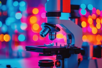 Poster - Colorful microscope on laboratory table with vibrant bokeh background at night