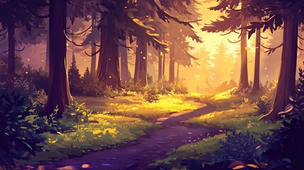 Wall Mural - Sunlit path through a lush, vibrant forest with tall trees and dappled sunlight.