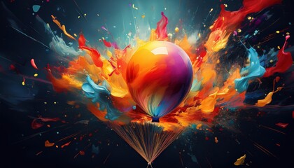 Poster - explosive moment bursting acrylic paint balloon reveals vibrant palette midair