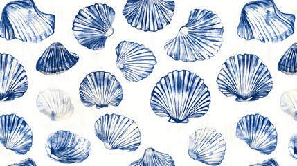 Wall Mural - Azure blue white shell motif with linen seamless batik background, modern coastal beach cottage rustic shell block print home decor pattern design in sealife beach style. Seashell. Illustration