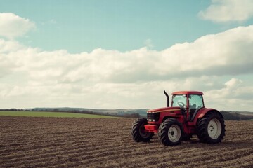 Aufkleber - Red tractor working on a plowed field under a cloudy sky in a rural landscape. Generative AI