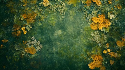 Wall Mural - Autumn leaves and lichen border a dark green, textured background.