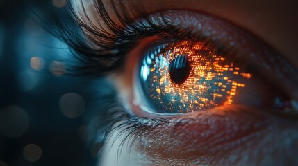 Wall Mural - A close-up of a human eye with digital, glowing effects resembling data patterns.