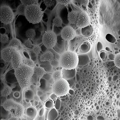 Aufkleber - Dense layer of microbes observed under high magnification revealing intricate structures and features in a dark environment. Generative AI