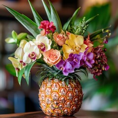 Poster - Pineapple vase displays vibrant floral arrangement with orchids and roses in bright colors at a tropical setting. Generative AI
