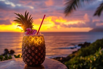 Poster - Enjoying a tropical drink served in a pineapple against a stunning sunset by the ocean with palm trees in the background. Generative AI