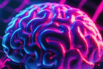 Poster - Colorful brain illustration with neon highlights and network design in the background