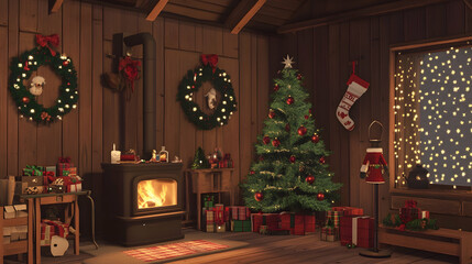 Wall Mural - Cozy scene with wood-burning stove and festive decorations, including a Christmas tree