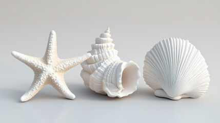 Wall Mural - 3d rendering of a starfish, conch shell, and seashell isolated on a white background,. Seashell. Illustration